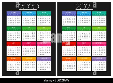 Kalender 2020 - 2021. Quadratisches Schichtplanlayout. Weihnachtslogo im minimalistischen Stil. Abstrakte isolierte Grafik-Design-Vorlage. USA Urlaub. Schwarz Bg Stock Vektor