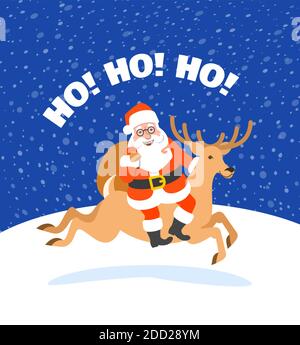 Weihnachtsmann Reiten Weihnachtshirsch und hält eine Tasche mit Geschenken. Cartoon Vektorgrafik. Verschneite Heiligabend Nacht. Lustige Weihnachtsgrüße ca Stock Vektor