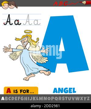 Pädagogische Karikatur Illustration des Buchstaben A aus Alphabet mit Engel Charakter für Kinder Stock Vektor