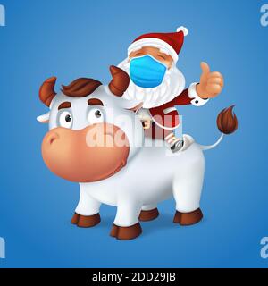 Funny silver Ox animal symbol of the year in the Chinese zodiac calendar with Santa Claus on his back wearing a surgical protective face mask. Cartoon Stock Vektor
