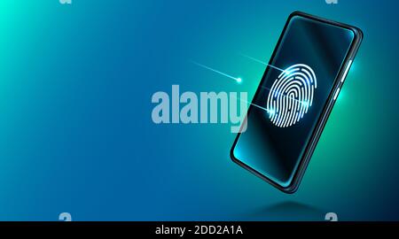 Mobile Datensicherheitskonzept. Smartphone mit Fingerabdruckscanner. Internetsicherheit. Fingerabdruck-Zugriffspasswort, Fingerabdruck auf dem Smartphone-Bildschirm, Datenschutz. Vektorgrafik Stock Vektor