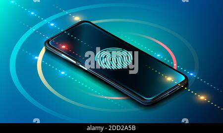 Mobile Datensicherheitskonzept. Smartphone mit Fingerabdruckscanner. Internetsicherheit. Fingerabdruck-Zugriffspasswort, Fingerabdruck auf dem Smartphone-Bildschirm, Datenschutz. Vektorgrafik Stock Vektor