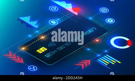 Bankkreditkarte mit Infografiken-Elementen. Futuristischer Cyber-Style. Online-Banking-Analyse. Vektorgrafik Stock Vektor