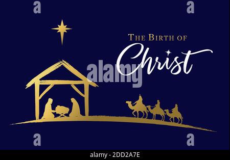 Die Geburt Christi, Krippe des Jesuskindes in der Krippe. Heilige Familie, drei kluge Könige und Stern von Bethlehem, Bannerdesign. Vektorkarte Stock Vektor