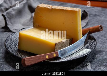 Käsesammlung, französischer hartkäse aus Kuhmilch in der Region Franche-Comte, Frankreich aus nächster Nähe Stockfoto