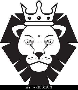 Kopf des Löwen König mit Krone Vorderseite monochrome Vektor-Illustration Design Stock Vektor