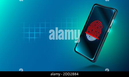 Mobile Datensicherheitskonzept. Smartphone mit Fingerabdruckscanner. Internetsicherheit. Fingerabdruck-Zugriffspasswort, Fingerabdruck auf dem Smartphone-Bildschirm, Datenschutz. Vektorgrafik Stock Vektor