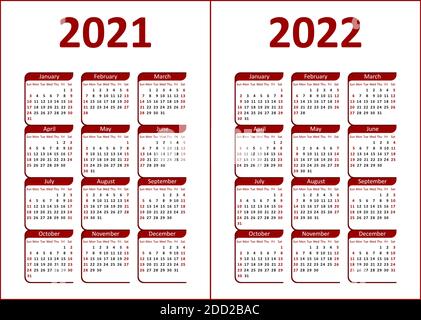 Kalender für 2021, 2022. Rote und schwarze Buchstaben und Figuren auf weißem Hintergrund. Die Woche beginnt am Sonntag. Stock Vektor