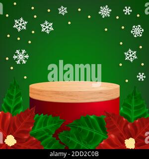 Realistisches rundes Display Podium Mockup. Weihnachtliche rote Szene mit Schneeflocken, Weihnachtsstern-Blättern und Zylinderplattform für Produktshow. Vektor Stock Vektor