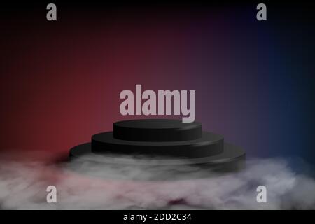 Schwarzes Podium auf dunkelblauem und rotem Hintergrund. Leerer Zylindersockel für Produktshow, Umgebung mit Rauch oder Nebel. Mystische Szene mit Plattform Stock Vektor