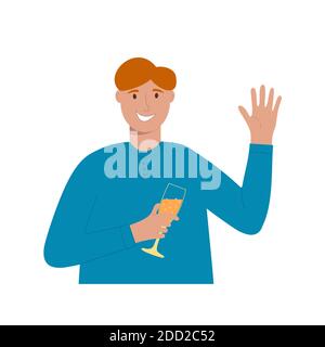 Lächelnder junger Mann mit Glas und Champagner und winkender Hand zum Gruß. Happy guy feiert Geburtstag, Weihnachten, Neujahr. Vektorgrafik flach. Stock Vektor