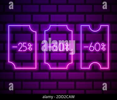 Coupon Neon Set Icons . Prozent off Satz von Neon-Schilder isoliert auf einem dunklen Backstein Wand Hintergrund Stock Vektor