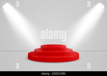 Realistisches rotes rundes Display Podium Mockup. Minimale Szene mit Zylinderplattform und Scheinwerfern für Produktshow. Vektordarstellung des Sockels für Stock Vektor