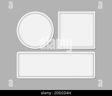 Set aus drei minimalistischen weißen Rahmen in verschiedenen Formen mit Schatten auf gestreiften grauen Wand Hintergrund Vektor-Illustration. Stock Vektor
