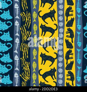 Vektor gelb und blau bunt Geheimnis Katze Stift Skizze vertikale Streifen nahtlose Muster. Perfekt für Stoff-, Scrapbooking- und Tapetenprojekte. Stock Vektor