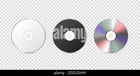 Vector 3d Realistic White, Black und Multicolor CD, DVD Closeup isoliert auf transparentem Hintergrund. Designvorlage für Mockup, Kopierbereich. Vorderansicht Stock Vektor