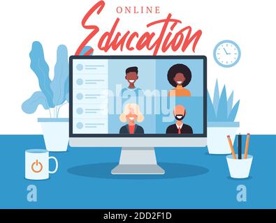 Online-Bildung, E-Learning, Online-Kurs Konzept, Home School Vektor Illustration. Schüler auf Laptop-Bildschirm, Fernunterricht, neue norma Stock Vektor