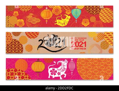 Set von Happy Chinese New Year 2021 horizontale Banner für Social Media Geschichten Wallpaper. Symbol 2021 Ostliches Neujahr Stock Vektor