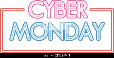Cyber monday Schriftzug in Neon Schrift auf weißem Hintergrund Stock Vektor