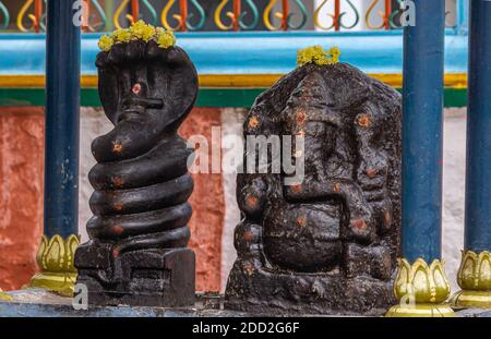 Kadirampura, Karnataka, Indien - 4. November 2013: Sri Murugan Tempel. Nahaufnahme von schwarzen Statuen von Mansas Schlangengöttin und Ganesha. Stockfoto