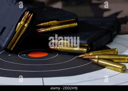 Geladene Gewehrmagazine mit losen Munition, die auf einem Papierziel mit Tarnhintergrund verstreut sind. Hintergrund- und Vordergrundunschärfe Stockfoto