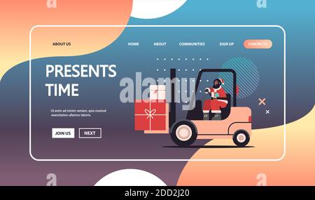 african american santa claus Fahren Gabelstapler Laden bunte Geschenke frohe weihnachten Happy New year Express Lieferung Konzept horizontale Kopie Vektordarstellung für den Raum Stock Vektor