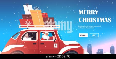 weihnachtsmann Lieferung Geschenke auf roten Auto fröhlich weihnachten glücklich Neujahr Urlaub Feier Konzept Winter Stadtbild Hintergrund horizontale Kopie Vektordarstellung für den Raum Stock Vektor