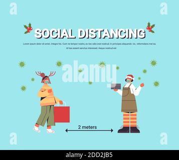 Mädchen in Masken halten soziale Distanz, um Coronavirus Pandemie zu verhindern Neujahr weihnachten Feiertage Feier Konzept volle Länge horizontale Kopie Vektordarstellung für den Raum Stock Vektor