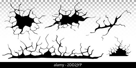 Bodenrisse gesetzt. Erdbeben und Bodenrisse, Lochwirkung, Craquelure und beschädigte Wandstruktur. Vektor-Illustrationen Erdbeben, Absturz, Zerstörung Stock Vektor