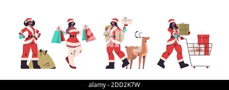 Set african american santa Frau Vorbereitung für fröhliche weihnachten und Frohes neues Jahr Feiertag Feier Konzept weibliche Karikatur Figuren Sammlung Horizontale Vektordarstellung in voller Länge Stock Vektor