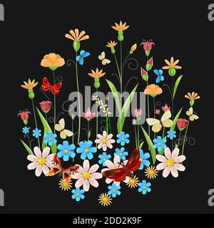 Abstrakter Hintergrund mit Blumen. Schmetterlinge. Nachtwiese. Flacher Cartoon-Stil. Isoliert auf schwarzem Hintergrund. Illustrationsvektor Stock Vektor