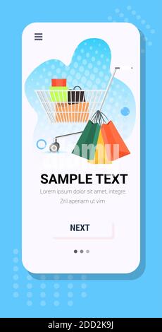 Trolley-Warenkorb voller Einkaufstaschen schwarz freitag großen Verkauf Förderung Rabatt Konzept Smartphone Bildschirm vertikale Kopie Raum Vektor Illustration Stock Vektor