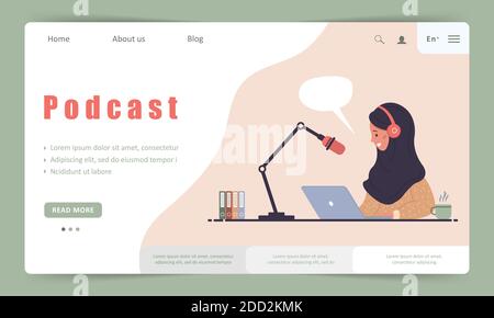 Podcast Landing Page Vorlage. Interview mit Radiomoderator. Online-Streaming. Stock Vektor