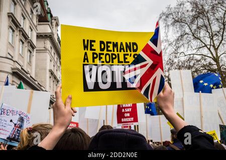 Demonstranten holding Banner, Abstimmung der März, 23. März 2019. London, England, GB, UK. Stockfoto