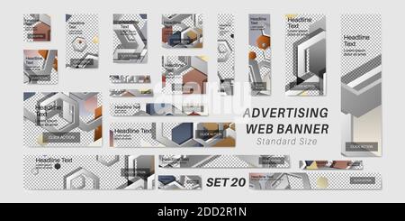 vector Sammlung von Web-Banner-Anzeigen mit Standard-Größen. Hintergrund mit überlappenden Sechsecken mit Metallverläufen Stock Vektor