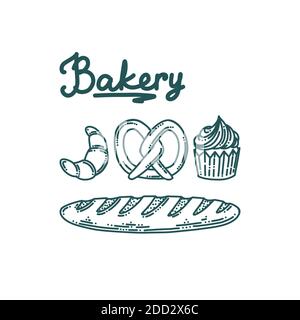 Backwaren-Doodle-Set mit französischem Baguette-Brot, Cupcake, Brezel und Croissant. Set von Backwaren Desserts. Doodle Vektorgrafik Stock Vektor