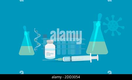 Konzepte des Boten-RNA-Impfstoffes für den Schutz vor Covid-19- oder Coronavirus-Pandemie. Abbildung einer Spritze mit Nadel und einer Flasche Impfstoff für imm Stock Vektor