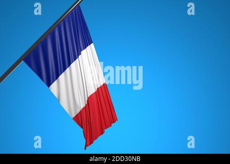 3D-Darstellung der Nationalflagge Frankreichs auf einem gegen den blauen Himmel flatternden Metallfahnenmast.Ländersymbol. Stockfoto