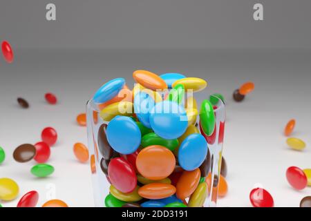 3d-Illustration von kleinen Glasplatten mit buntem Kaugummi auf grauem Hintergrund. Ein Genuss für die Kinder. Süßigkeiten sind in der Nähe verstreut Stockfoto