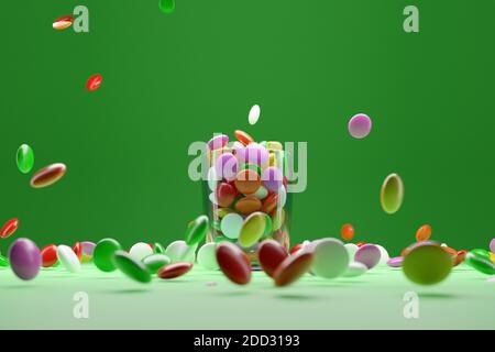 3d-Illustration von kleinen Glasplatten mit buntem Kaugummi auf grünem Hintergrund. Ein Genuss für die Kinder. Süßigkeiten sind in der Nähe verstreut Stockfoto