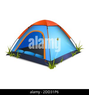 3d realistische Vektor-Symbol Illustration von blauem Zelt mit Schmetterlingen und Gras um. Isoliert auf weißem Hintergrund. Stock Vektor