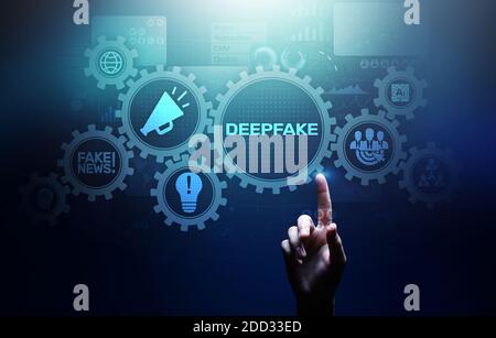 Deep Fake News Künstliche Intelligenz in der Medientechnik Konzept auf Virtueller Bildschirm Stockfoto