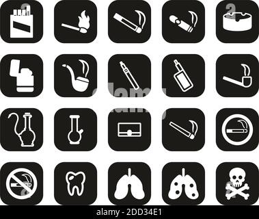 Raucher Oder Raucher Sucht Icons Weiß Auf Schwarz Flat Design Groß Einstellen Stock Vektor