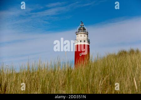 Der rot-weiße Eierland Leuchtturm auf der niederländischen Insel Texel, unter blauem und hellem bewölkten Himmel mit grünem Strandgras im Vordergrund. Stockfoto