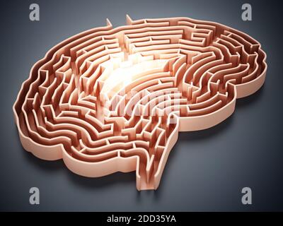 Gehirn geformtes Labyrinth mit einem Glühen in der Mitte. 3D-Illustration. Stockfoto