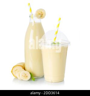 Smoothie Bananensaft Trinken Milchshake Milchshake Shake in einer Tasse Flasche isoliert auf weißem Hintergrund Stockfoto