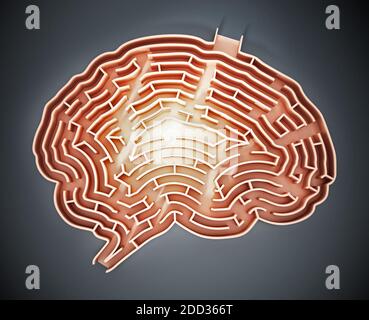 Gehirn geformtes Labyrinth mit einem Glühen in der Mitte. 3D-Illustration. Stockfoto
