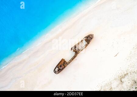 Insel Zakynthos Griechenland Schiffswrack Navagio Strand Reise Urlaub Hintergrund Drohne Luftaufnahmen anzeigen Stockfoto