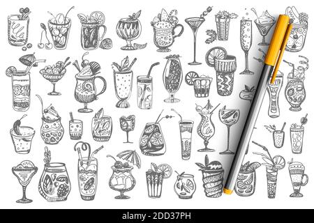 Cocktails, Doodle-Set. Sammlung von verschiedenen alkoholischen Sommer tropischen Getränken Bier Wodka Wein auf weißem Hintergrund isoliert. Schlechte Gewohnheit Alkohol sucht Illustration. Stock Vektor
