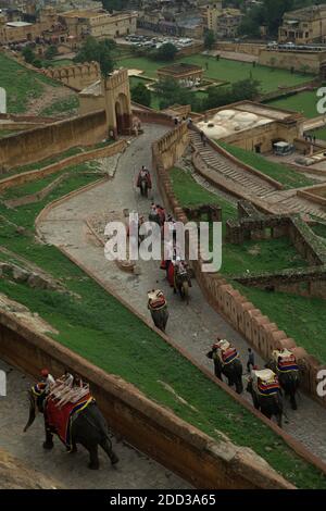 Rajasthan, Indien. November 2020. Nach einer neunmonatigen Pause aufgrund der Covid-19-Pandemie werden Elefantenritte unter strengen Bedingungen in Amer Fort (Amber Fort), einer wichtigen Touristenattraktion in Rajasthan, Indien, wieder aufgenommen. "Es wäre für Mahouts und Touristen obligatorisch, Gesichtsmasken zu tragen. Außerdem ist eine thermische Abschirmung ein muss vor der Fahrt. Vorher und nachher müssen die Touristen und Mahouts ihre Hände desinfizieren", berichtete das indische Department of Archaeology and Museum, wie Times of India am Dienstag, den 24. November 2020 berichtete. Stockfoto